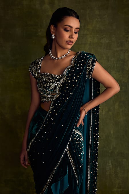 Label Sanya Gulati_Blue Silk, Velvet Mirrors, Zari, Sequins, Hand Pre-draped Saree And Blouse _at_Aza_Fashions