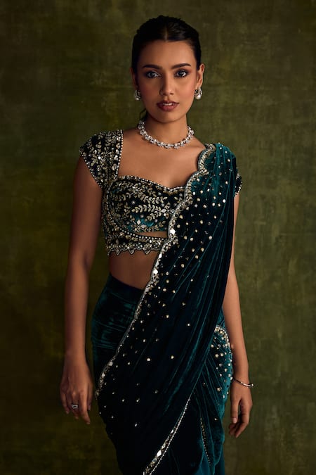 Buy_Label Sanya Gulati_Blue Silk, Velvet Mirrors, Zari, Sequins, Hand Pre-draped Saree And Blouse 