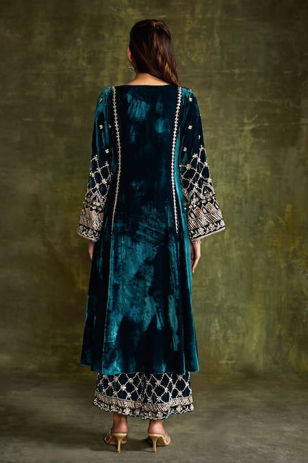 Label Sanya Gulati_Turquoise Silk, Velvet Sequins, Mirrors, Zari Resham Embroidered Kurta Set _Online_at_Aza_Fashions