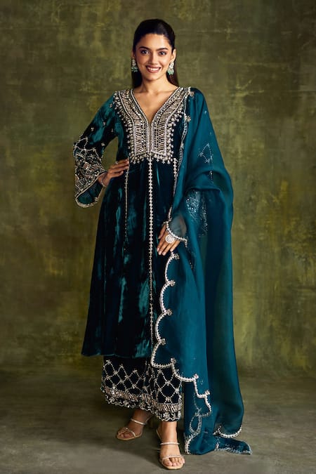 Shop_Label Sanya Gulati_Turquoise Silk, Velvet Sequins, Mirrors, Zari Resham Embroidered Kurta Set _Online_at_Aza_Fashions