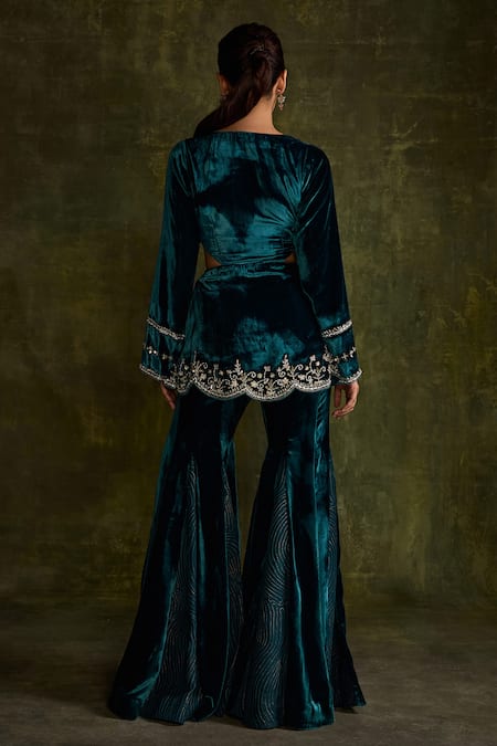 Label Sanya Gulati Blue Silk, Velvet Mirrors, Sequins, Hand Embroidered Peplum Kurta And Sharara Set Online at Aza Fashions Label Sanya Gulati_Blue Silk, Velvet Mirrors, Sequins, Hand Embroidered Peplum Kurta And Sharara Set _Online_at_Aza_Fashions