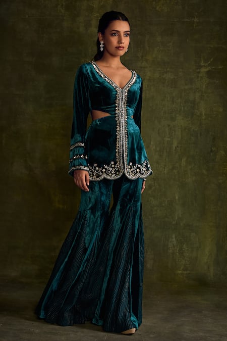 Buy Label Sanya Gulati Blue Silk, Velvet Mirrors, Sequins, Hand Embroidered Peplum Kurta And Sharara Set Online at Aza Fashions Buy_Label Sanya Gulati_Blue Silk, Velvet Mirrors, Sequins, Hand Embroidered Peplum Kurta And Sharara Set _Online_at_Aza_Fashions