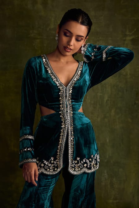Shop Label Sanya Gulati Blue Silk, Velvet Mirrors, Sequins, Hand Embroidered Peplum Kurta And Sharara Set Online at Aza Fashions Shop_Label Sanya Gulati_Blue Silk, Velvet Mirrors, Sequins, Hand Embroidered Peplum Kurta And Sharara Set _Online_at_Aza_Fashions