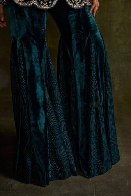 Label Sanya Gulati Blue Silk, Velvet Mirrors, Sequins, Hand Embroidered Peplum Kurta And Sharara Set at Aza Fashions Label Sanya Gulati_Blue Silk, Velvet Mirrors, Sequins, Hand Embroidered Peplum Kurta And Sharara Set _at_Aza_Fashions