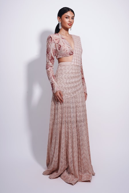 Ritika Mirchandani_Pink Net, Crepe, Georgette Embroidery, Floral Cutwork Pre-draped Slit Saree Set _Online_at_Aza_Fashions