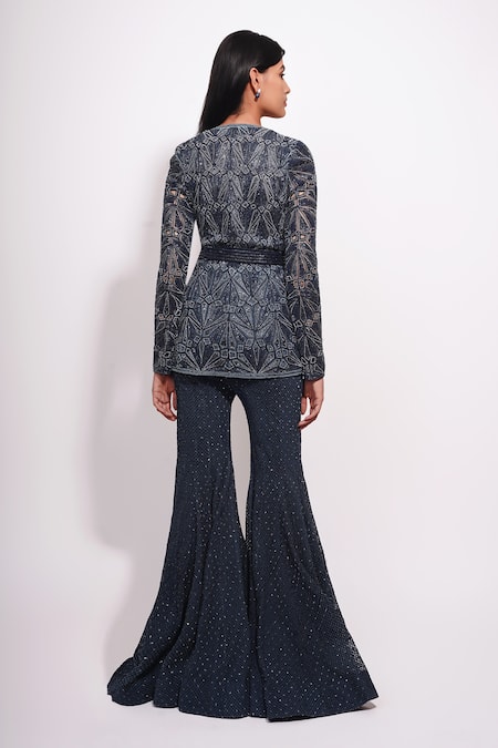 Shop Ritika Mirchandani Blue Net, Crepe, Georgette, Denim Crystals, Midnight Kurta Sharara Set at Aza Fashions Shop_Ritika Mirchandani_Blue Net, Crepe, Georgette, Denim Crystals, Midnight Kurta Sharara Set _at_Aza_Fashions