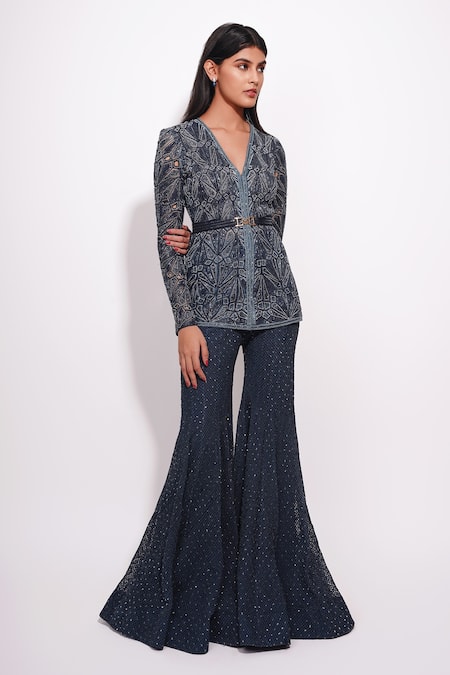Ritika Mirchandani Blue Net, Crepe, Georgette, Denim Crystals, Midnight Kurta Sharara Set Online at Aza Fashions Ritika Mirchandani_Blue Net, Crepe, Georgette, Denim Crystals, Midnight Kurta Sharara Set _Online_at_Aza_Fashions
