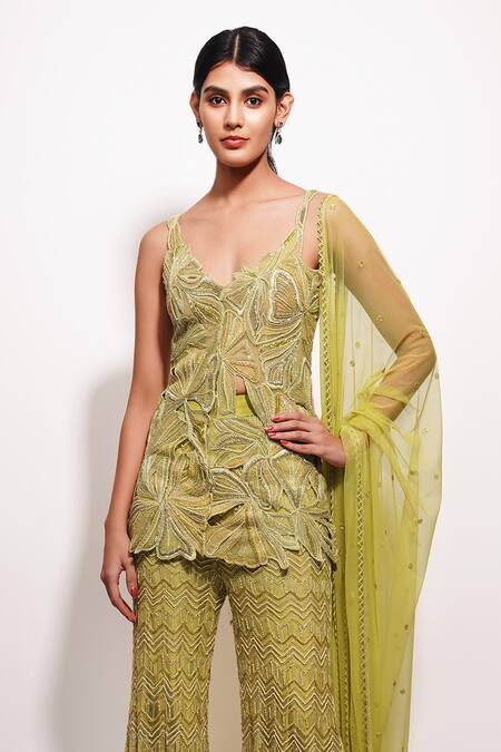 Ritika Mirchandani_Green Net, Crepe, Georgette, Denim Floral Cutwork Spaghetti Kurta Sharara Set _Online_at_Aza_Fashions