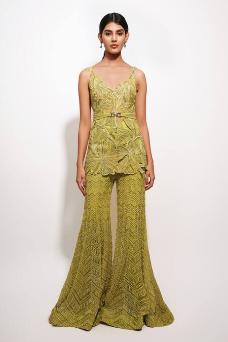Buy_Ritika Mirchandani_Green Net, Crepe, Georgette, Denim Floral Cutwork Spaghetti Kurta Sharara Set _Online_at_Aza_Fashions