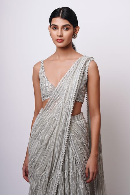 Ritika Mirchandani_Silver Net, Crepe, Georgette Crystals, Beads, Celeste Pre-draped Lehenga Saree _Online_at_Aza_Fashions