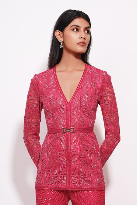 Buy_Ritika Mirchandani_Pink Net, Crepe, Georgette Crystals, Embroidery, Fuchsia Kurta Sharara Set _Online_at_Aza_Fashions