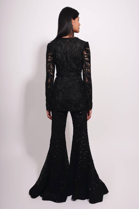 Shop Ritika Mirchandani Black Net, Crepe, Georgette Crystals, Embroidery, Beads V-neck Kurta Sharara Set at Aza Fashions Shop_Ritika Mirchandani_Black Net, Crepe, Georgette Crystals, Embroidery, Beads V-neck Kurta Sharara Set _at_Aza_Fashions