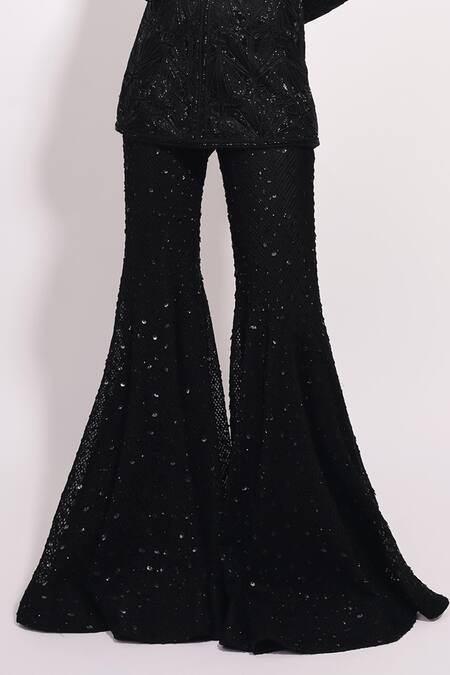 Ritika Mirchandani Black Net, Crepe, Georgette Crystals, Embroidery, Beads V-neck Kurta Sharara Set Online at Aza Fashions Ritika Mirchandani_Black Net, Crepe, Georgette Crystals, Embroidery, Beads V-neck Kurta Sharara Set _Online_at_Aza_Fashions