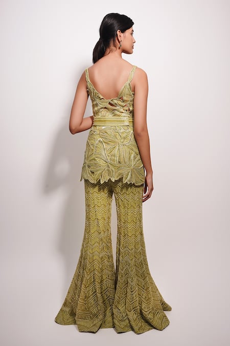 Shop Ritika Mirchandani Green Net, Crepe, Georgette Crystals, Beads, Cutwork Petal Bloom Kurta Set at Aza Fashions Shop_Ritika Mirchandani_Green Net, Crepe, Georgette Crystals, Beads, Cutwork Petal Bloom Kurta Set _at_Aza_Fashions