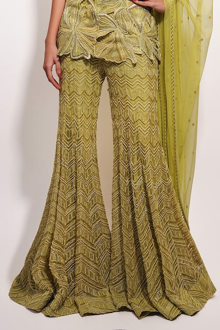 Ritika Mirchandani Green Net, Crepe, Georgette Crystals, Beads, Cutwork Petal Bloom Kurta Set Online at Aza Fashions Ritika Mirchandani_Green Net, Crepe, Georgette Crystals, Beads, Cutwork Petal Bloom Kurta Set _Online_at_Aza_Fashions