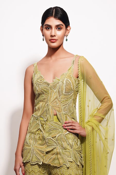 Buy Ritika Mirchandani Green Net, Crepe, Georgette Crystals, Beads, Cutwork Petal Bloom Kurta Set Online at Aza Fashions Buy_Ritika Mirchandani_Green Net, Crepe, Georgette Crystals, Beads, Cutwork Petal Bloom Kurta Set _Online_at_Aza_Fashions
