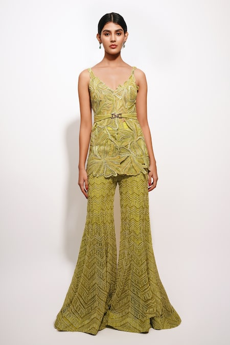 Shop Ritika Mirchandani Green Net, Crepe, Georgette Crystals, Beads, Cutwork Petal Bloom Kurta Set Online at Aza Fashions Shop_Ritika Mirchandani_Green Net, Crepe, Georgette Crystals, Beads, Cutwork Petal Bloom Kurta Set _Online_at_Aza_Fashions