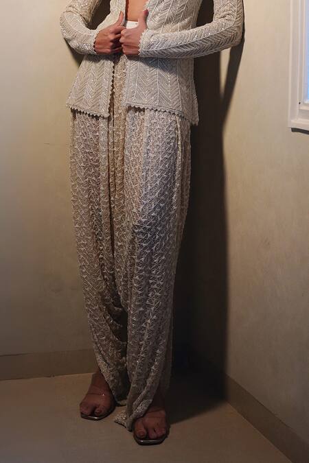 Ritika Mirchandani Ivory Net, Crepe, Georgette Crystals, Beads, Shark Skin Jacket And Dhoti Set Online at Aza Fashions Ritika Mirchandani_Ivory Net, Crepe, Georgette Crystals, Beads, Shark Skin Jacket And Dhoti Set _Online_at_Aza_Fashions