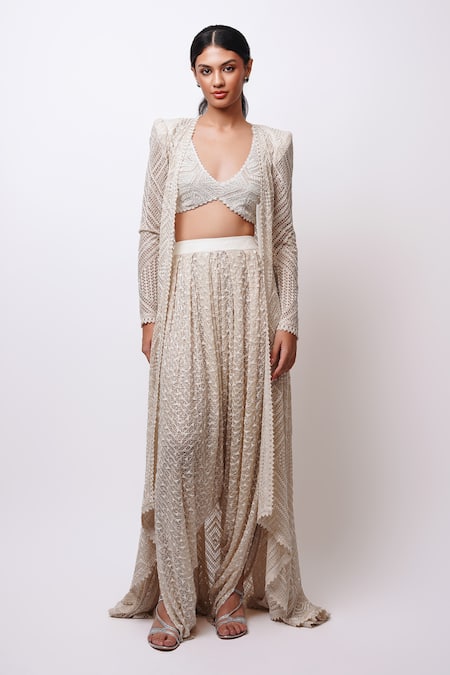Shop Ritika Mirchandani Ivory Net, Crepe, Georgette Crystals, Beads, Aztec Jacket And Dhoti Set at Aza Fashions Shop_Ritika Mirchandani_Ivory Net, Crepe, Georgette Crystals, Beads, Aztec Jacket And Dhoti Set _at_Aza_Fashions
