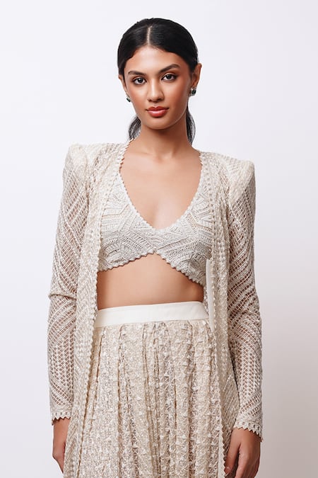 Ritika Mirchandani Ivory Net, Crepe, Georgette Crystals, Beads, Aztec Jacket And Dhoti Set Online at Aza Fashions Ritika Mirchandani_Ivory Net, Crepe, Georgette Crystals, Beads, Aztec Jacket And Dhoti Set _Online_at_Aza_Fashions