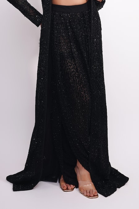 Ritika Mirchandani_Black Crepe Embroidery Crystal Sweeheart Neck Trench Coat And Dhoti Set _Online_at_Aza_Fashions