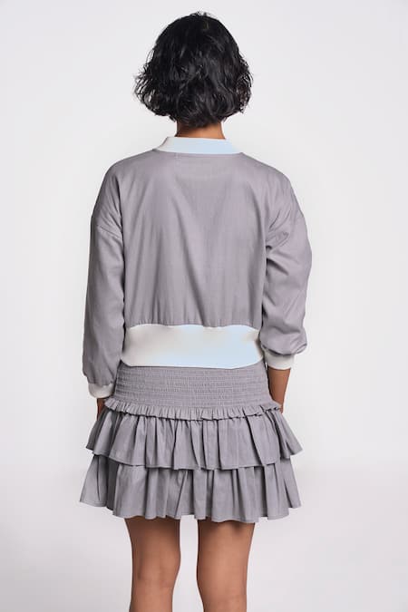 Shop Terra Luna Silver 100% Organic Handloom Cotton Solid Mandarin Tie-up Waist Bomber Jacket at Aza Fashions Shop_Terra Luna_Silver 100% Organic Handloom Cotton Solid Mandarin Tie-up Waist Bomber Jacket _at_Aza_Fashions