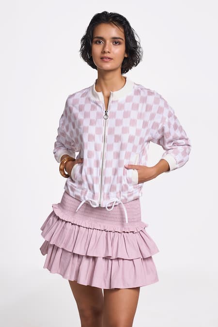 Terra Luna_Pink 100% Organic Handloom Cotton Printed Ikkat Mandarin Collar Bomber Jacket _Online_at_Aza_Fashions