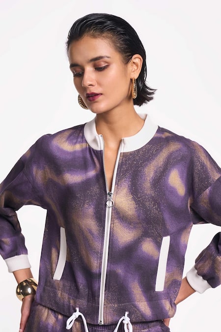 Terra Luna_Blue 100% Organic Handloom Cotton Printed Milky Way Mandarin Bomber Jacket _Online_at_Aza_Fashions