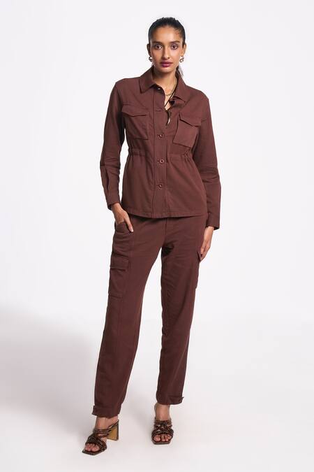 Terra Luna_Brown 100% Organic Handloom Cotton Solid Collared Shirt _Online_at_Aza_Fashions