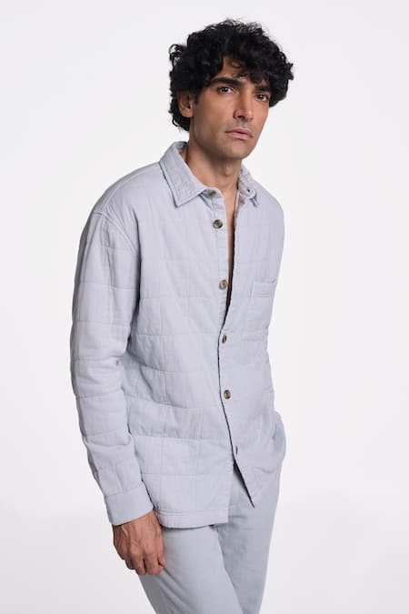 Terra Luna_Blue 100% Organic Handloom Cotton Checkered Collared Shirt _Online_at_Aza_Fashions