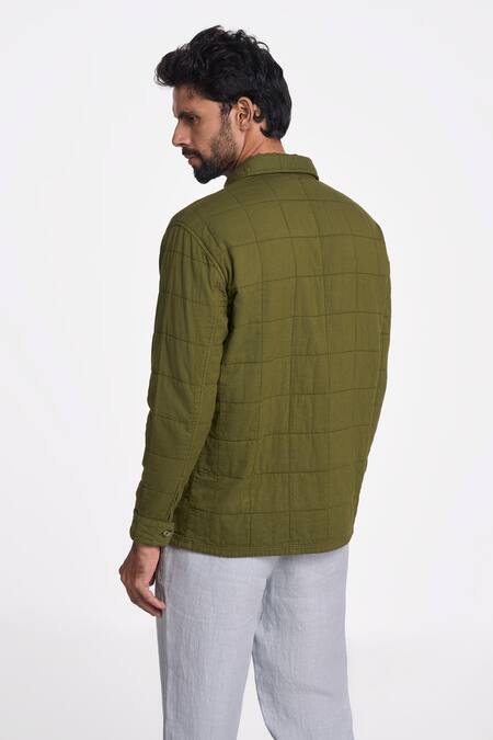 Shop_Terra Luna_Green 100% Organic Handloom Cotton Checkered Olive Shirt _at_Aza_Fashions