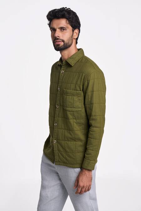 Terra Luna_Green 100% Organic Handloom Cotton Checkered Olive Shirt _Online_at_Aza_Fashions