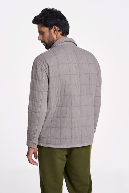 Shop Terra Luna Gray 100% Organic Handloom Cotton Checkered Grey Front Pocket Shirt at Aza Fashions Shop_Terra Luna_Gray 100% Organic Handloom Cotton Checkered Grey Front Pocket Shirt _at_Aza_Fashions