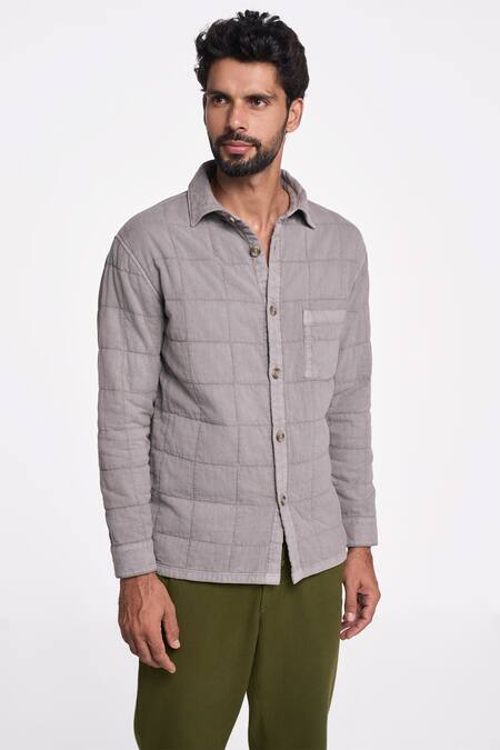 Terra Luna Gray 100% Organic Handloom Cotton Checkered Grey Front Pocket Shirt Online at Aza Fashions Terra Luna_Gray 100% Organic Handloom Cotton Checkered Grey Front Pocket Shirt _Online_at_Aza_Fashions