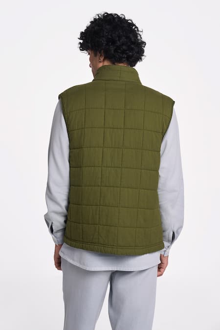 Shop_Terra Luna_Green 100% Organic Handloom Cotton Checkered Jacket _at_Aza_Fashions
