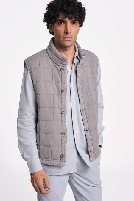 Terra Luna Gray 100% Organic Handloom Cotton Checkered Grey Mandarin Collar Jacket Online at Aza Fashions Terra Luna_Gray 100% Organic Handloom Cotton Checkered Grey Mandarin Collar Jacket _Online_at_Aza_Fashions
