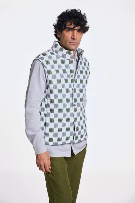 Terra Luna_Green 100% Organic Handloom Cotton Printed Checkered Olive Ikkat Jacket _Online_at_Aza_Fashions