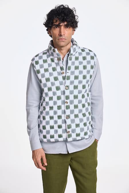 Buy_Terra Luna_Green 100% Organic Handloom Cotton Printed Checkered Olive Ikkat Jacket _Online_at_Aza_Fashions