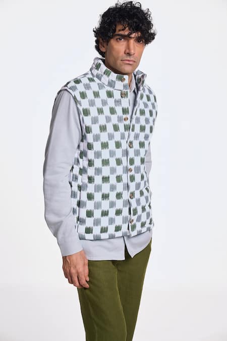 Shop_Terra Luna_Green 100% Organic Handloom Cotton Printed Checkered Olive Ikkat Jacket _Online_at_Aza_Fashions