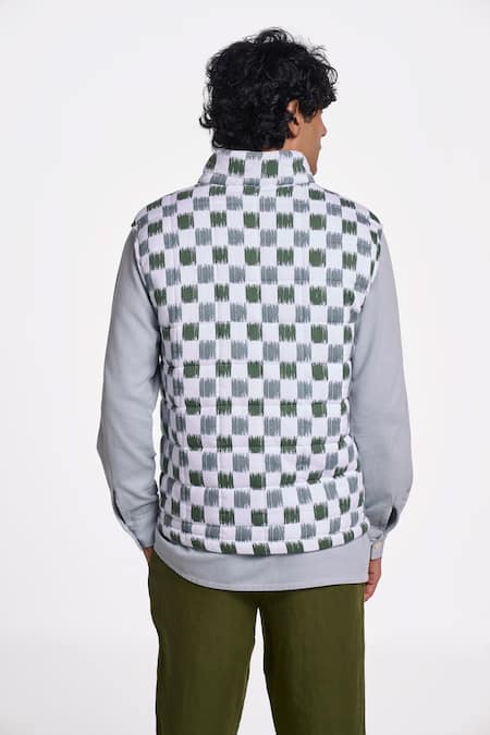 Terra Luna_Green 100% Organic Handloom Cotton Printed Checkered Olive Ikkat Jacket _at_Aza_Fashions