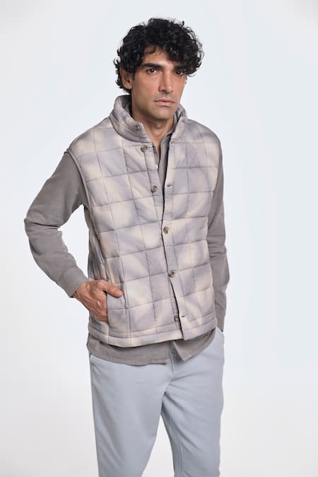 Terra Luna_Gray 100% Organic Handloom Cotton Printed Checkered Grey Ikkat Jacket _Online_at_Aza_Fashions
