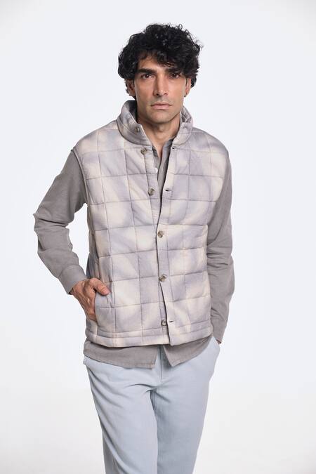 Buy_Terra Luna_Gray 100% Organic Handloom Cotton Printed Checkered Grey Ikkat Jacket _Online_at_Aza_Fashions