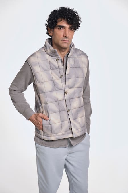 Shop_Terra Luna_Gray 100% Organic Handloom Cotton Printed Checkered Grey Ikkat Jacket _Online_at_Aza_Fashions