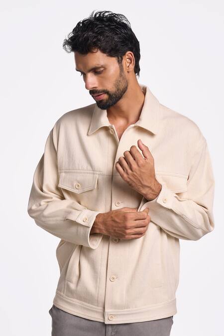 Terra Luna_Off White 100% Organic Handloom Cotton Solid Cuff Sleeve Shirt _Online_at_Aza_Fashions