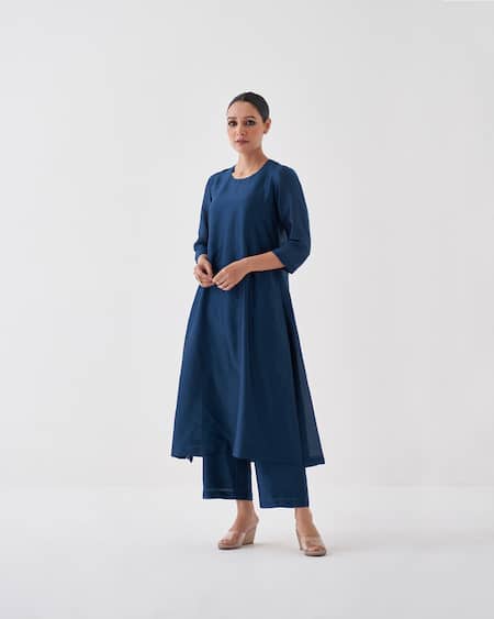 Buy_Vaaya_Blue Handloom Cotton, Silk, Chanderi Round Neck Midnight Solid Kurta Set _Online_at_Aza_Fashions
