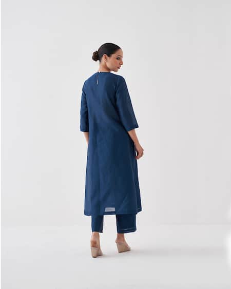 Shop_Vaaya_Blue Handloom Cotton, Silk, Chanderi Round Neck Midnight Solid Kurta Set _Online_at_Aza_Fashions