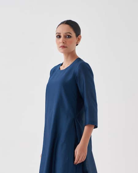 Shop_Vaaya_Blue Handloom Cotton, Silk, Chanderi Round Neck Midnight Solid Kurta Set 