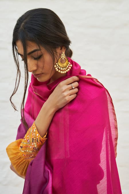Vaaya_Orange Silk, Chanderi Embroidery, Beads Round Neck Cuff Flared Kurta Set _Online_at_Aza_Fashions