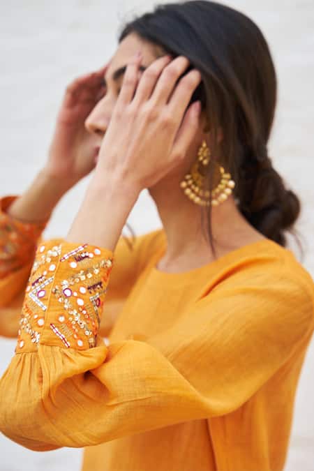 Shop_Vaaya_Orange Silk, Chanderi Embroidery, Beads Round Neck Cuff Flared Kurta Set _Online_at_Aza_Fashions