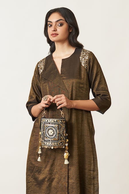 Shop Vaaya Black Handloom Cotton Sequins Asymmetric Embellished Kurta Set Online at Aza Fashions Shop_Vaaya_Black Handloom Cotton Sequins Asymmetric Embellished Kurta Set _Online_at_Aza_Fashions